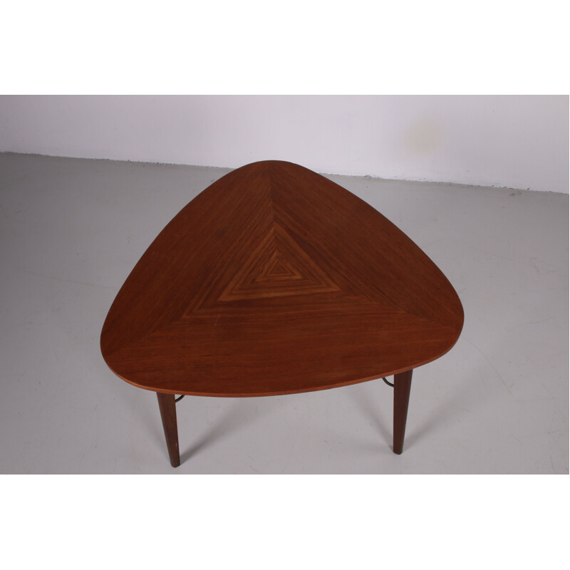 Vintage Triangular teak coffee table with rattan rack Danish