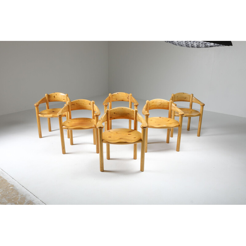 Pair of 6 Vintage Pine Armchairs by Rainer Daumiller 1970s