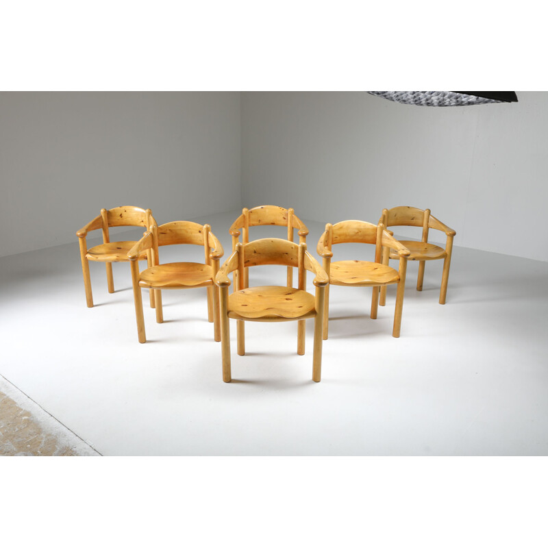 Paire de 6 fauteuils vintage en pin de Rainer Daumiller 1970