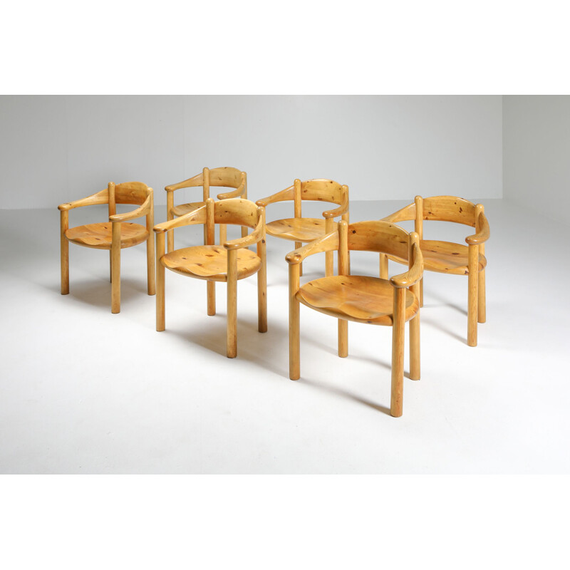 Pair of 6 Vintage Pine Armchairs by Rainer Daumiller 1970s