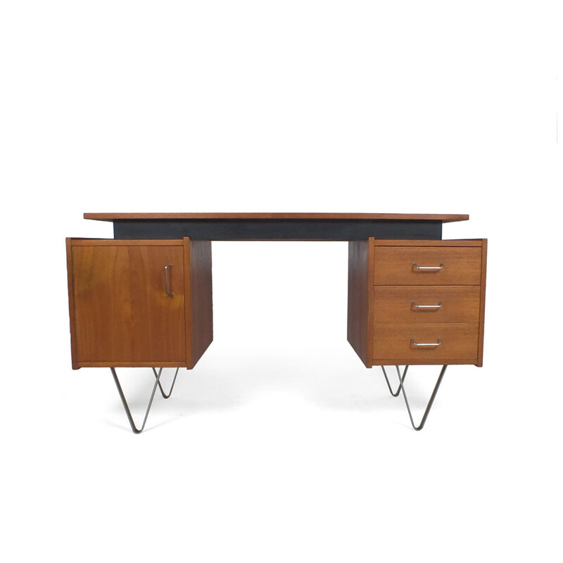 Vintage Teak desk with hairpin legs and floating top Tijsseling 1960s