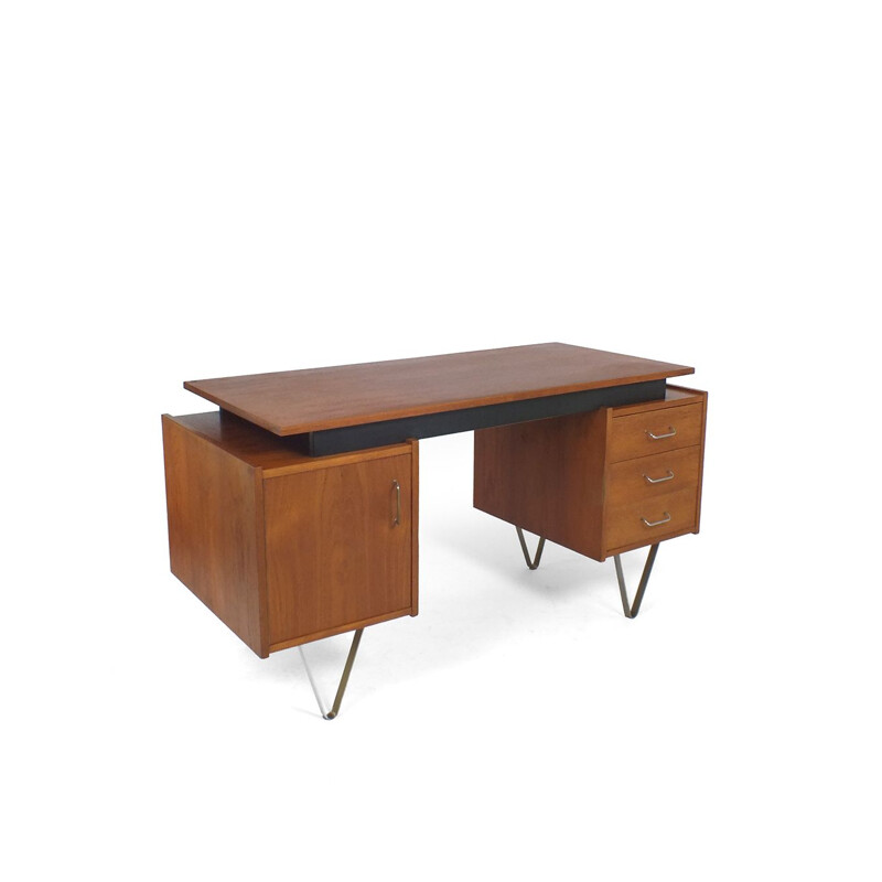 Vintage Teak desk with hairpin legs and floating top Tijsseling 1960s