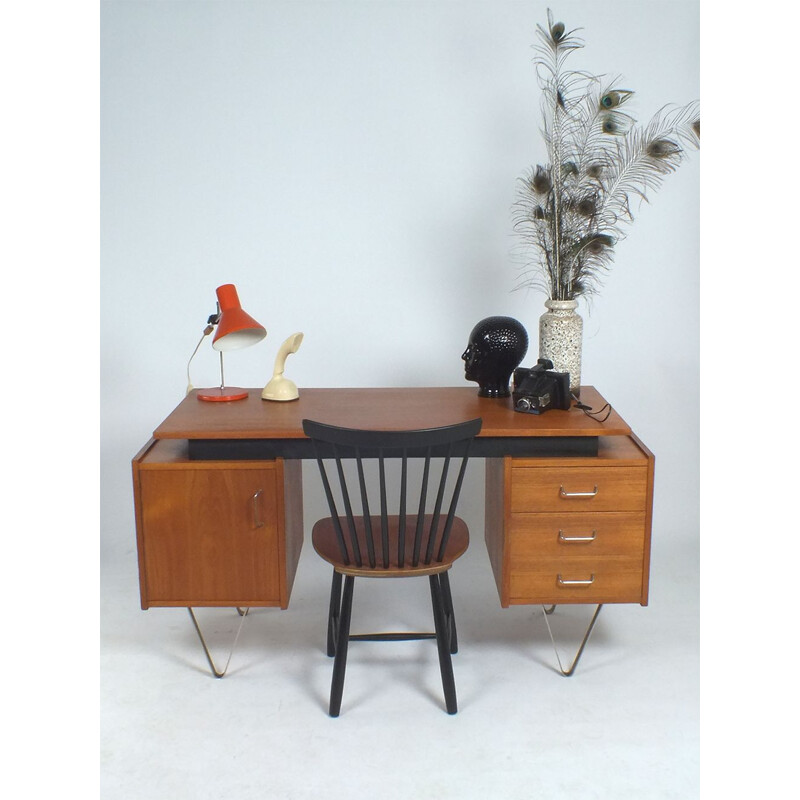 Vintage Teak desk with hairpin legs and floating top Tijsseling 1960s