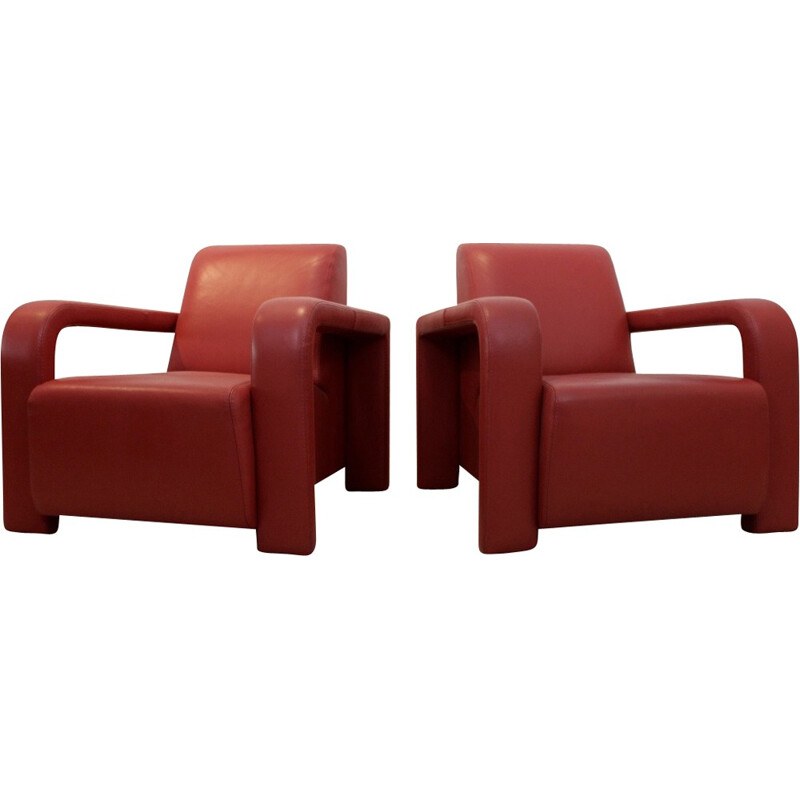 Pair of vintage armchairs upholstered in red leather, Italian 1980