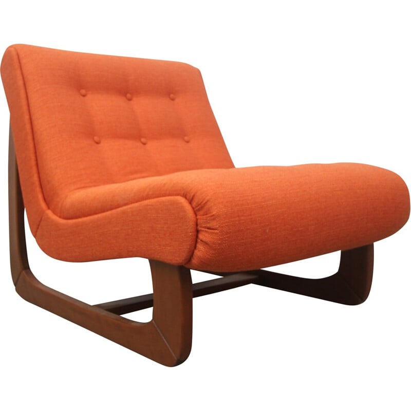 Lounge chair in solid wood and orange fabric - 1970s