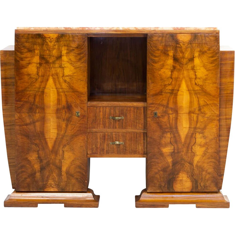 Vintage cabinet in Burl Walnutt with marble table top Art deco