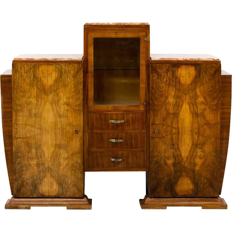 Vintage cabinet in Burl Walnutt with glass vitrine and 3 marble tops Art deco