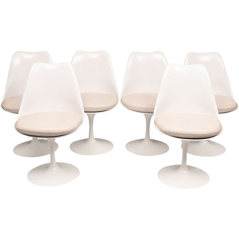 Set of 6 vintage Tulip Chairs with Leather Seat Pads by Eero Saarinen for Knoll