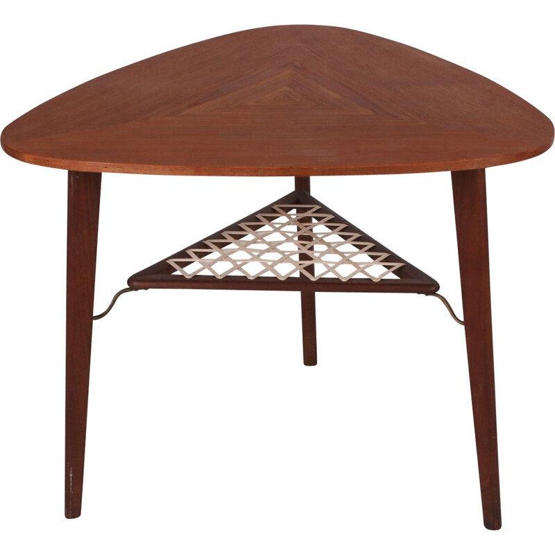 Vintage Triangular teak coffee table with rattan rack Danish