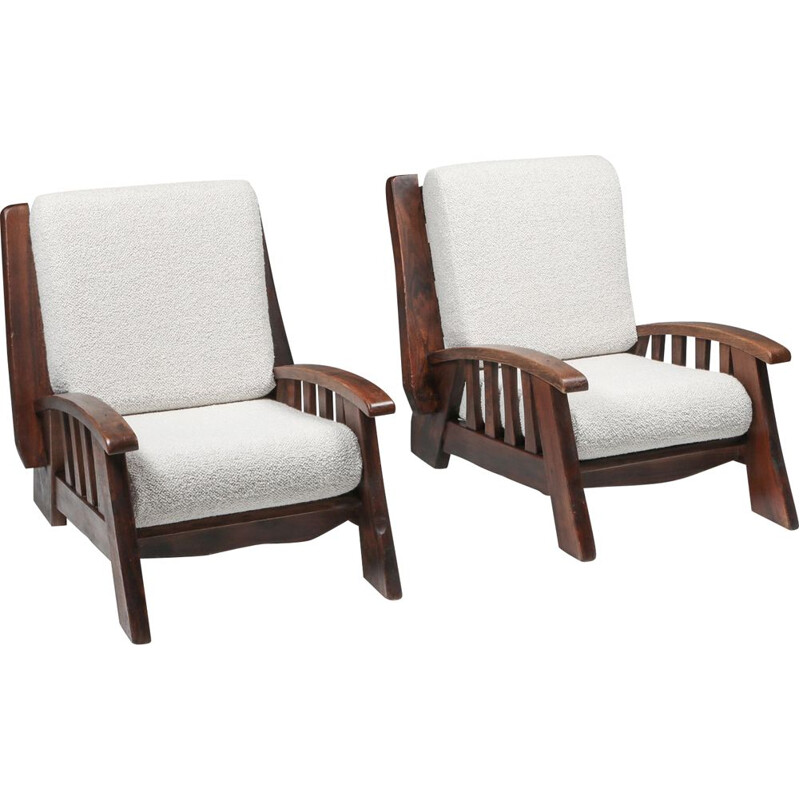 Pair of vintage rustic club armchairs with Pierre Frey 1960s