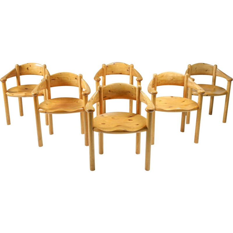 Pair of 6 Vintage Pine Armchairs by Rainer Daumiller 1970s