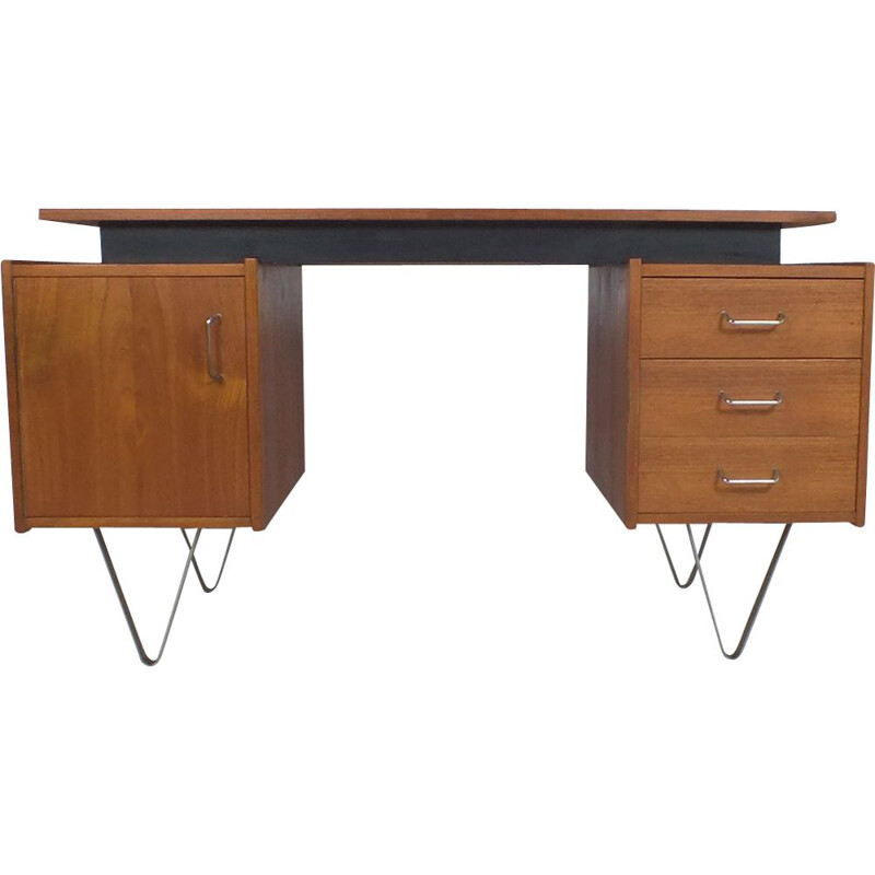 Vintage Teak desk with hairpin legs and floating top Tijsseling 1960s