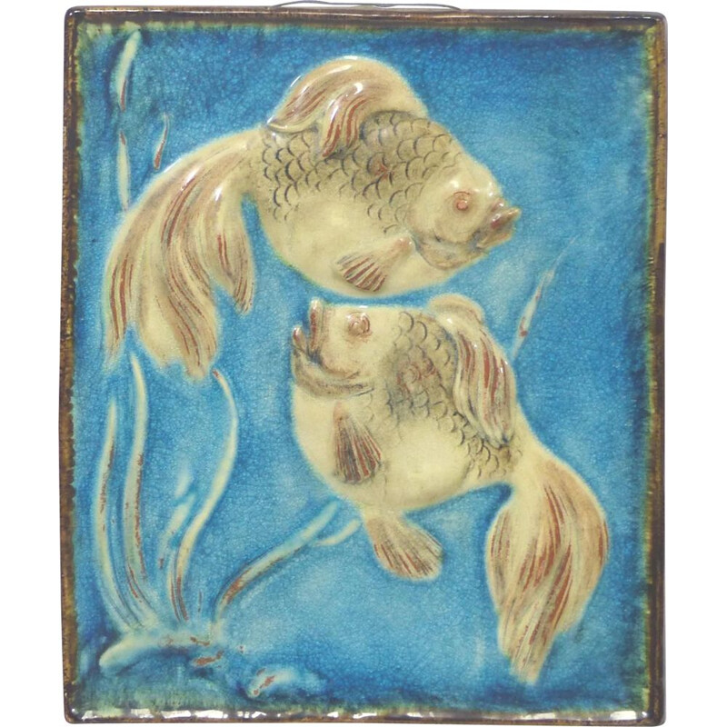 Plaque murale vintage en céramique aux poissons 1950
