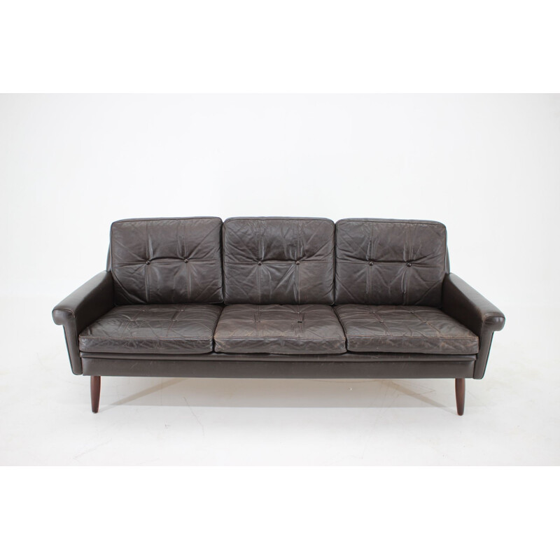 Vintage 3 lugares sentados sofá de couro castanho escuro dinamarquês 1970