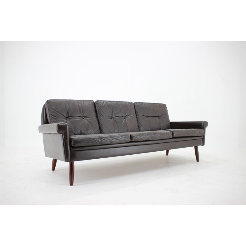 Vintage 3 lugares sentados sofá de couro castanho escuro dinamarquês 1970