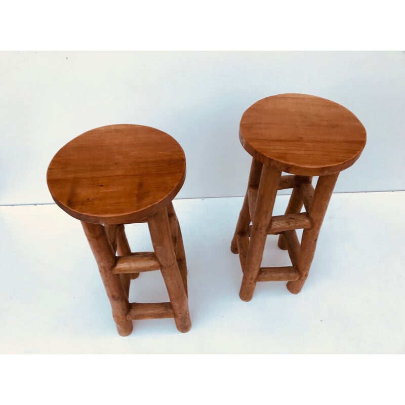 Pair of brutal vintage solid wood bar stools