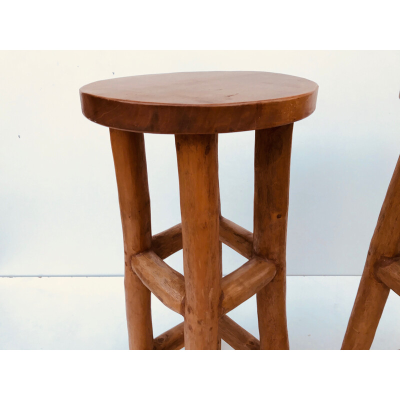 Pair of brutal vintage solid wood bar stools
