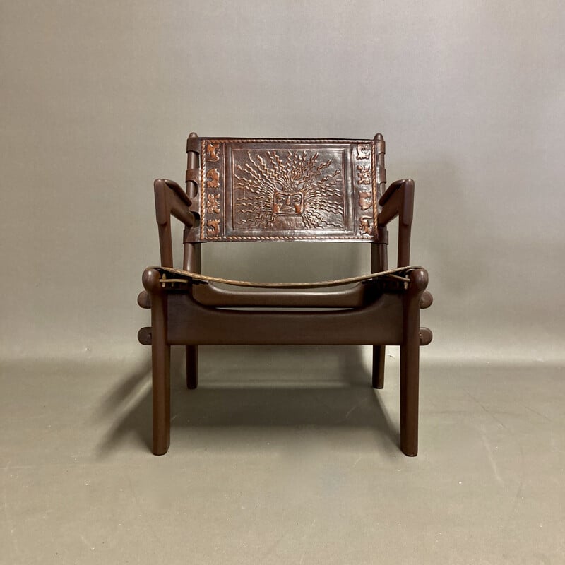 Vintage leather and wood armchair A.Pazmino equatorial 1960