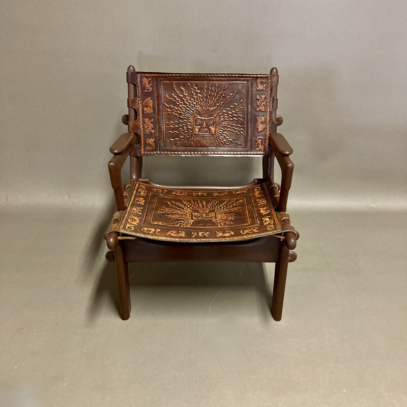 Vintage leather and wood armchair A.Pazmino equatorial 1960