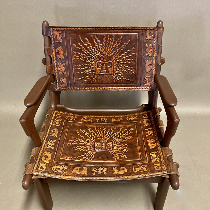 Vintage leather and wood armchair A.Pazmino equatorial 1960