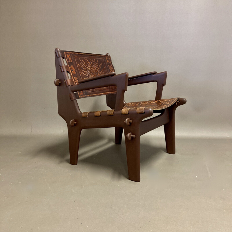 Vintage leather and wood armchair A.Pazmino equatorial 1960
