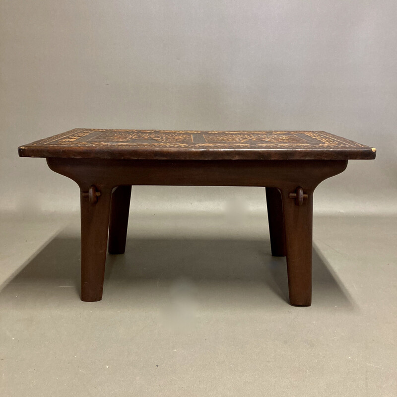 Vintage leather and wood coffee table, 1960