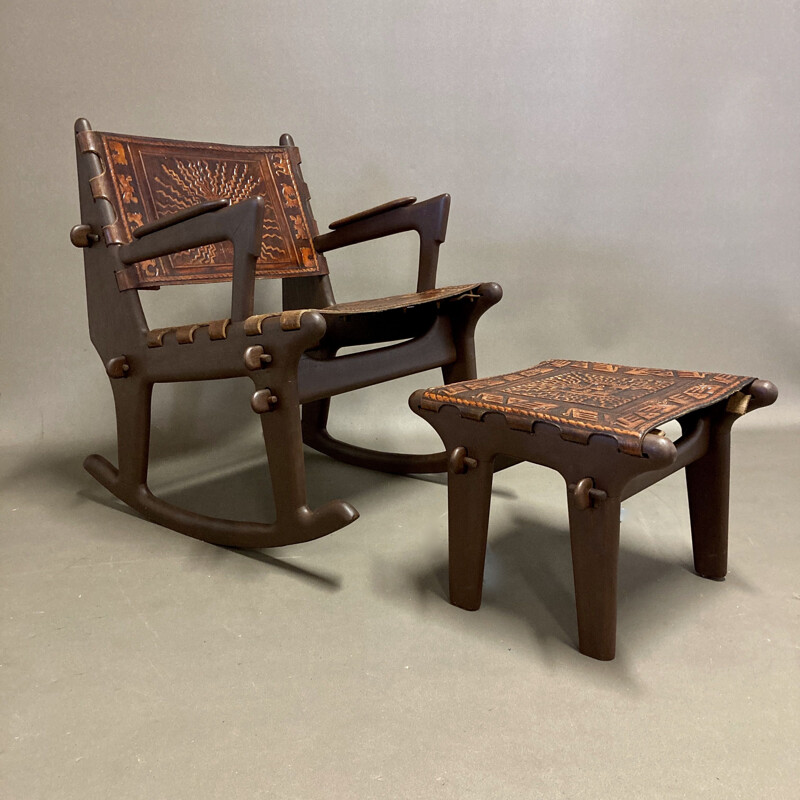 Ensemble de 3 fauteuils et rocking chair vintage A.Pazmino equateur 1960