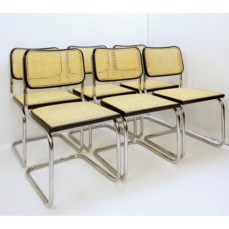 Lot de 6 chaises vintage en rotin et chrome Italie 1970