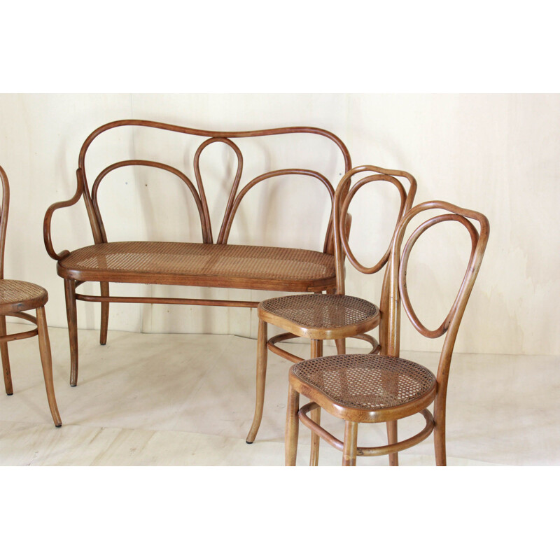 Ensemble de 4 chaises vintage de style Thonet avec canapé par Wackerlin & Co 1880 