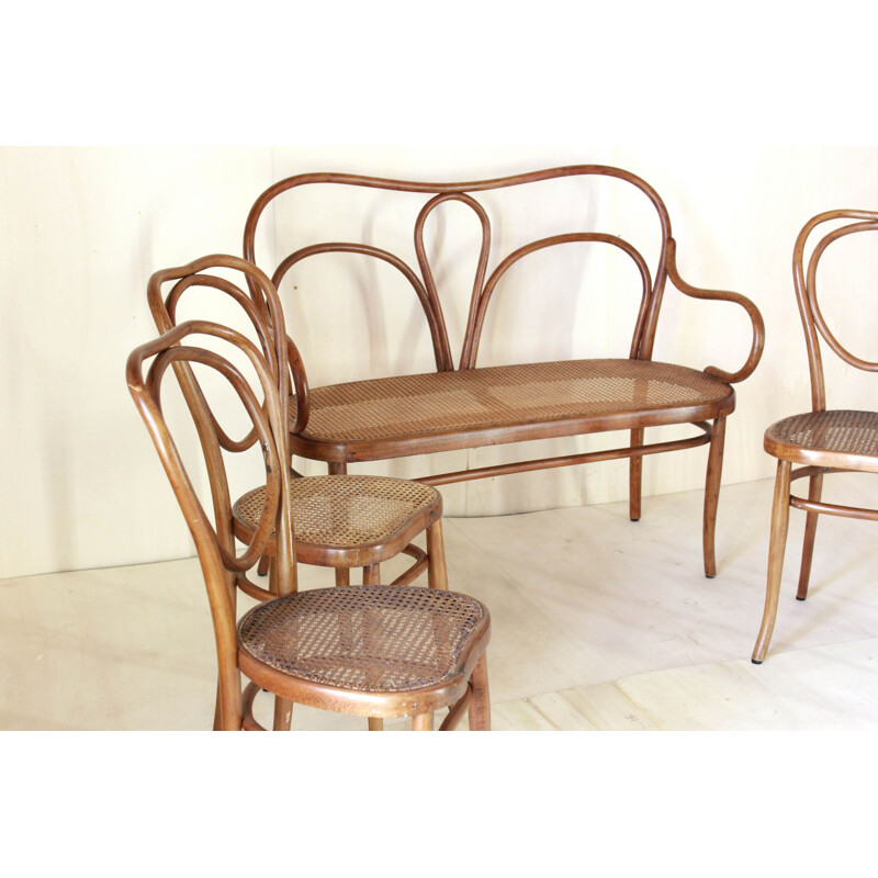 Set Of 4 vintage Thonet Style Chairs With Sofa By Wackerlin & Co 1880 