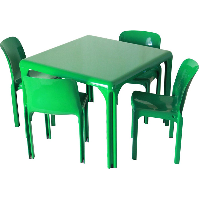 Table de salle à manger Vintage Stadio 100 et quatre chaises Selene par Vico Magistretti pour Artemide