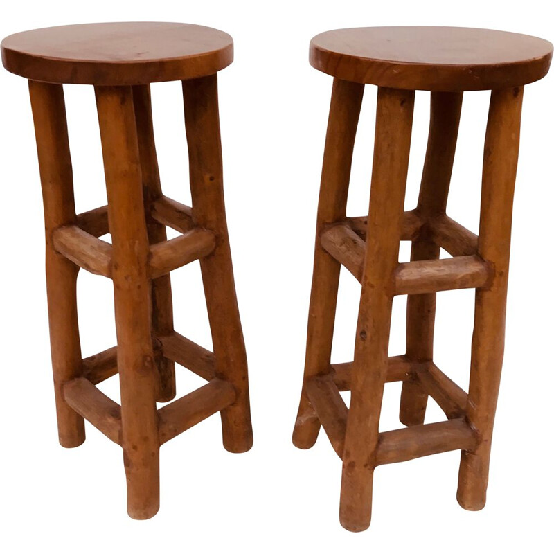 Pair of brutal vintage solid wood bar stools