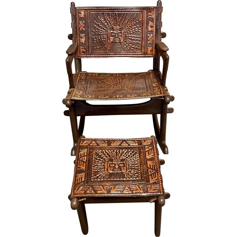 Rocking chair et ottoman vintage cuir et bois Angel Pazmino 1960