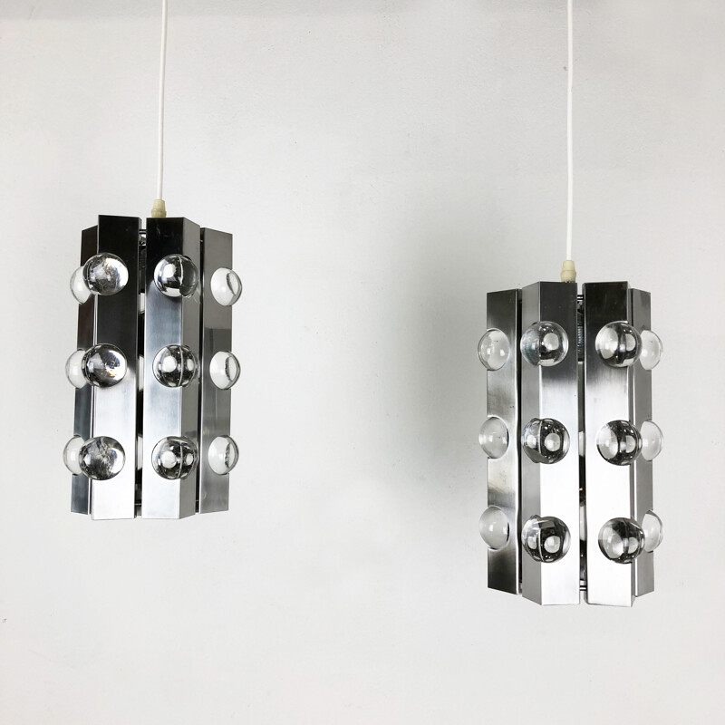 Coppia di lampade a sospensione vintage in argento sputnik di Cosack Lights, Germania 1970