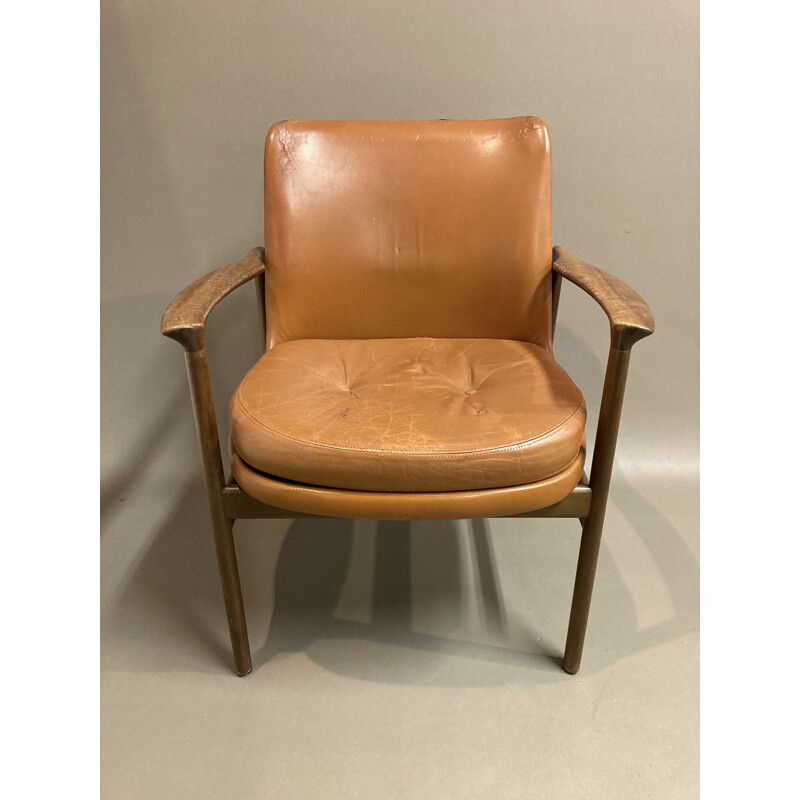 Fauteuil vintage en cuir Kofod Larsen scandinave 1950