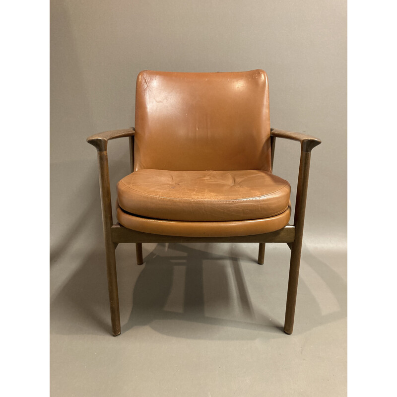 Vintage leather armchair Kofod Larsen scandinavian 1950s