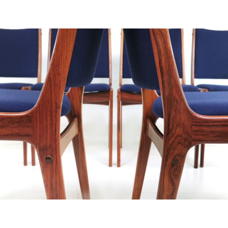 Set of 6 vintage Johannes Andersen Brazilian Rosewood Dining Chairs in Blue Kvadrat Danish 1960s
