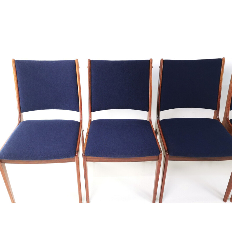 Set of 6 vintage Johannes Andersen Brazilian Rosewood Dining Chairs in Blue Kvadrat Danish 1960s