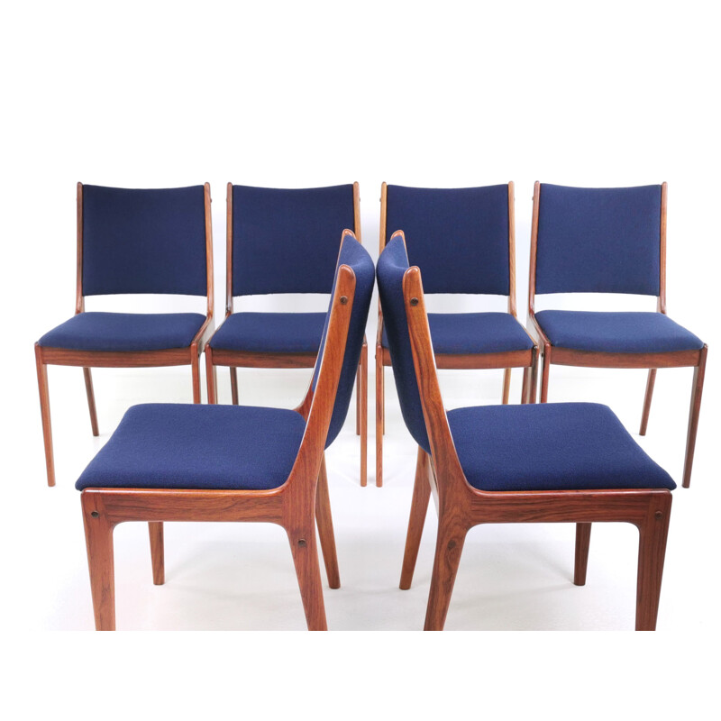 Set of 6 vintage Johannes Andersen Brazilian Rosewood Dining Chairs in Blue Kvadrat Danish 1960s