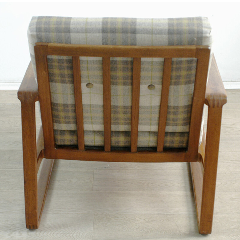 Pair of Danish armchairs in teak and fabric with squared pattern - 1960s 