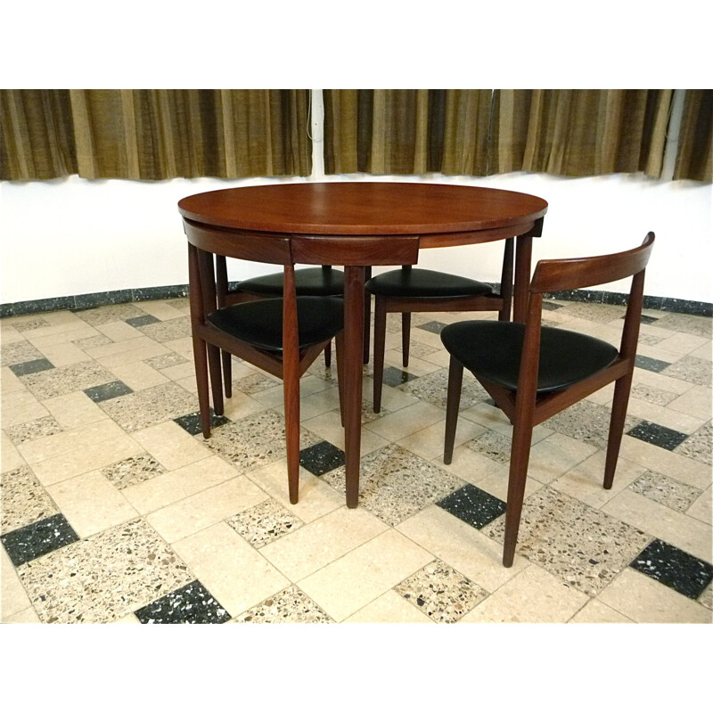 Set of dining table and 4 chairs in teak and leatherette, Hans OLSEN - 1960s