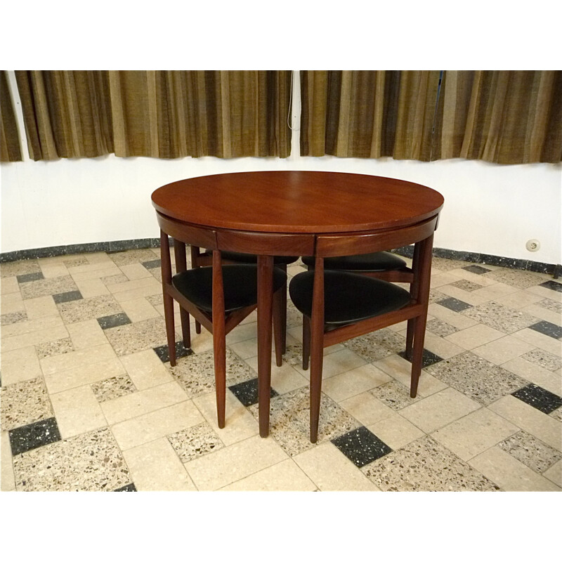 Set of dining table and 4 chairs in teak and leatherette, Hans OLSEN - 1960s