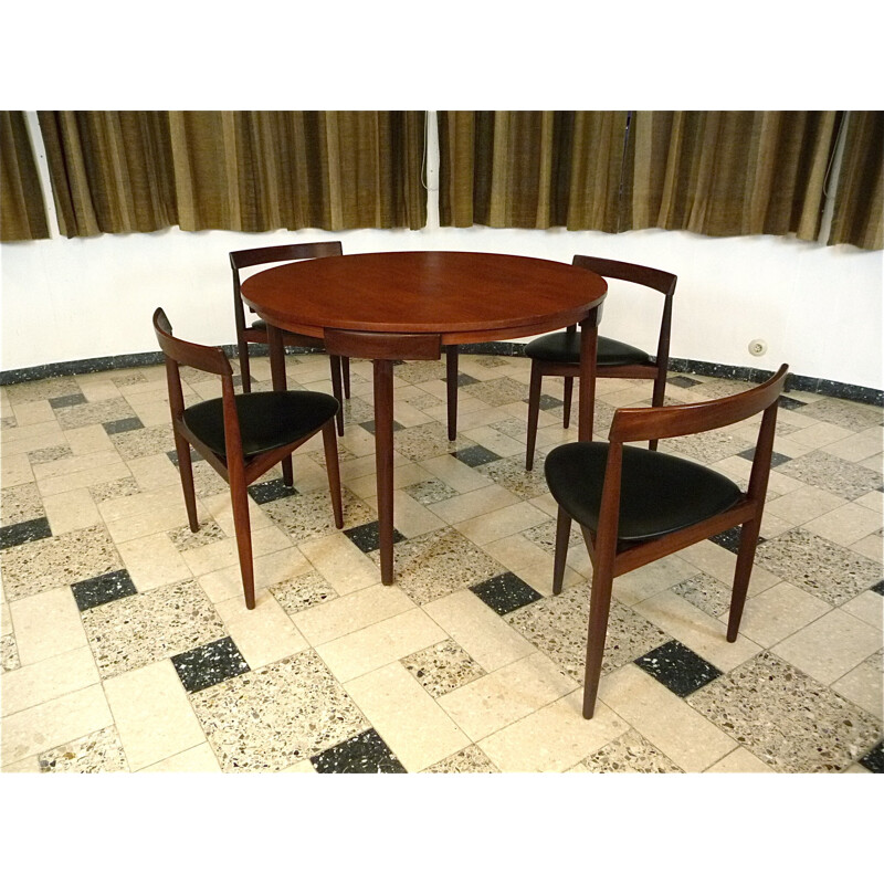 Set of dining table and 4 chairs in teak and leatherette, Hans OLSEN - 1960s