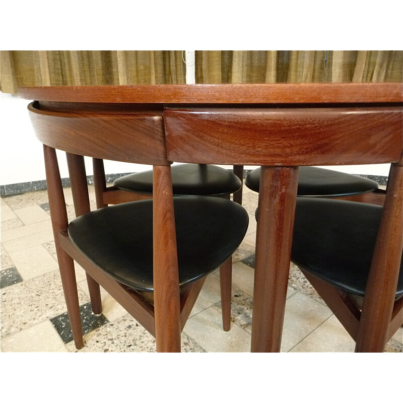 Set of dining table and 4 chairs in teak and leatherette, Hans OLSEN - 1960s