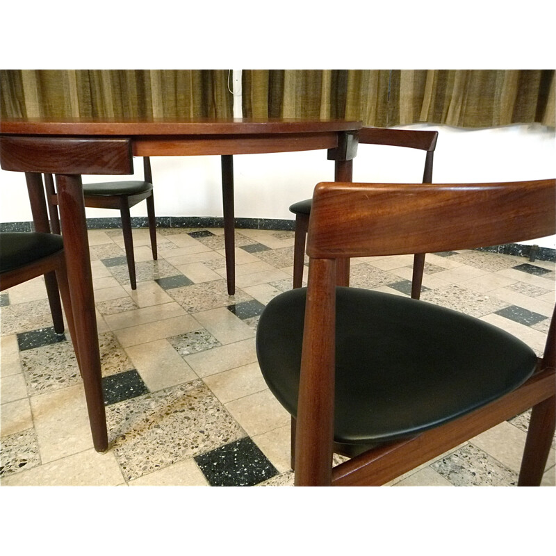 Set of dining table and 4 chairs in teak and leatherette, Hans OLSEN - 1960s