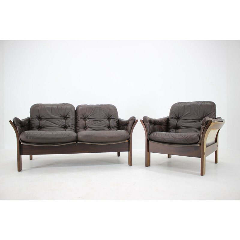 Georg Thams 2-Sitzer Vintage Sofa und Sessel aus dunkelbraunem Leder Dänemark 1970