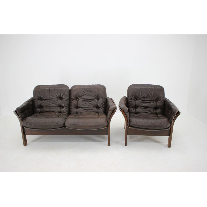 Vintage Georg Thams 2-Seater Sofa and Armchair in Dark Brown Leather Denmark 1970s