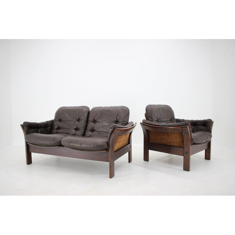 Sofá y sillón vintage Georg Thams de cuero marrón oscuro de 2 plazas Dinamarca 1970