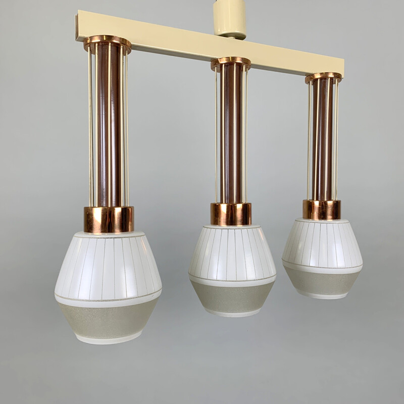 Vintage glass, metal and brass suspension lamp by Drukov, Czechoslovakia 1960