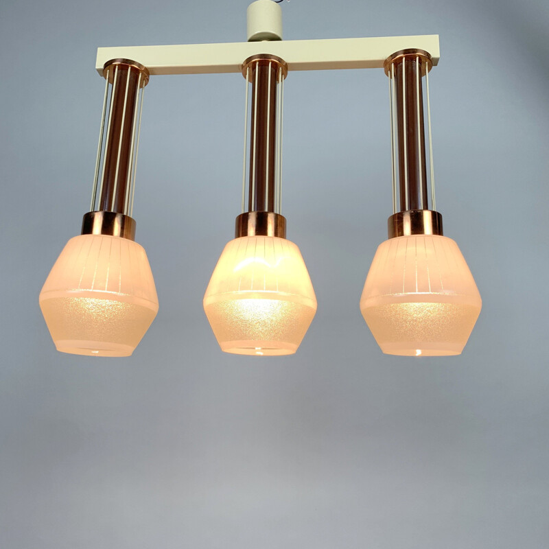 Vintage glass, metal and brass suspension lamp by Drukov, Czechoslovakia 1960